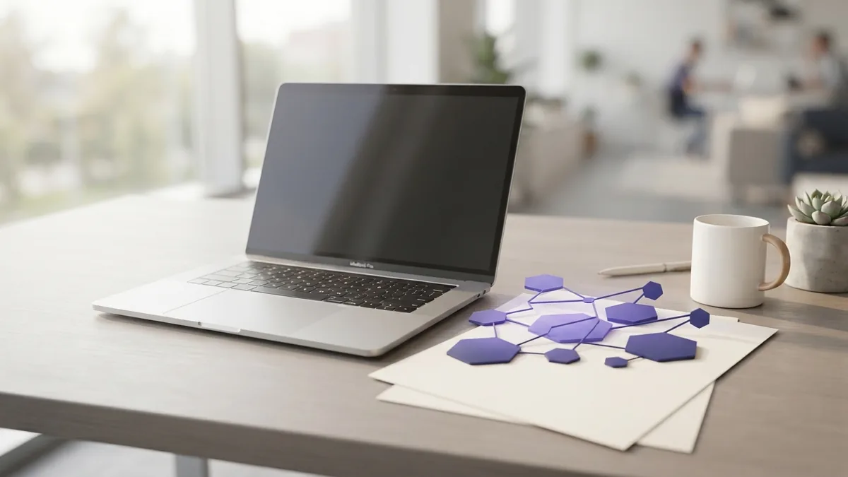 Airy desk scene with connected violet shapes showing how backlinks support SEO