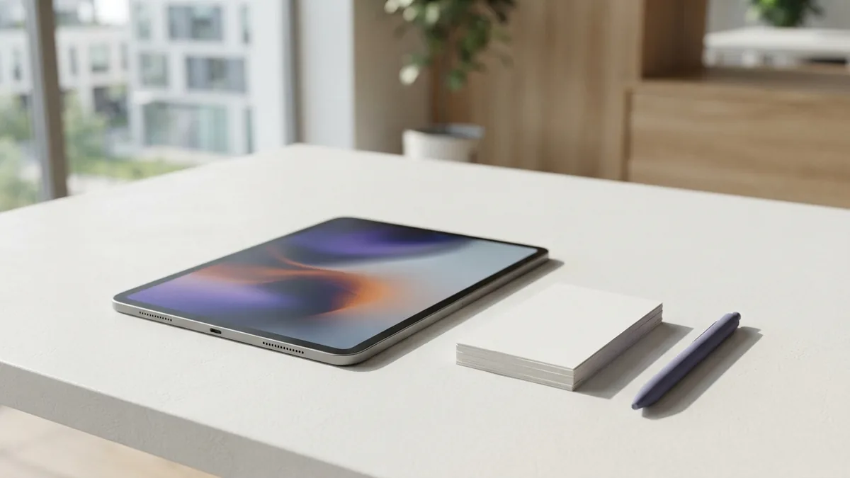 Bright professional workspace with blank cards and tablet for brand planning
