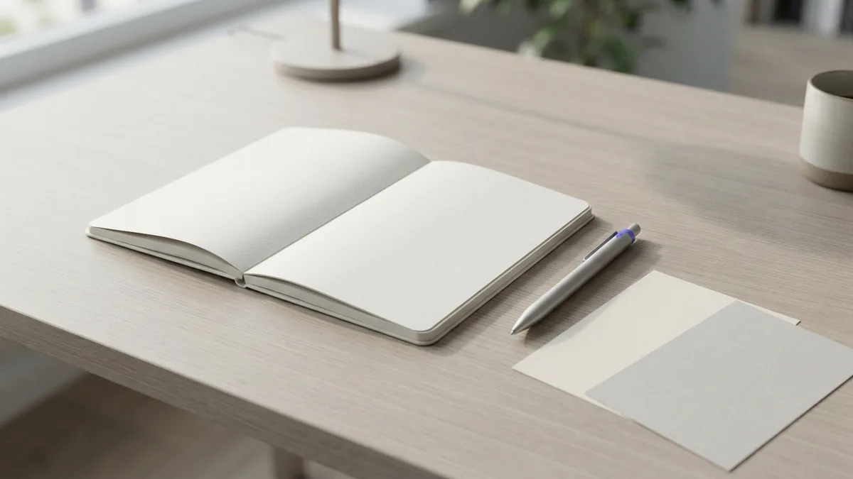 Blank notebook and paper swatches arranged for personal brand planning