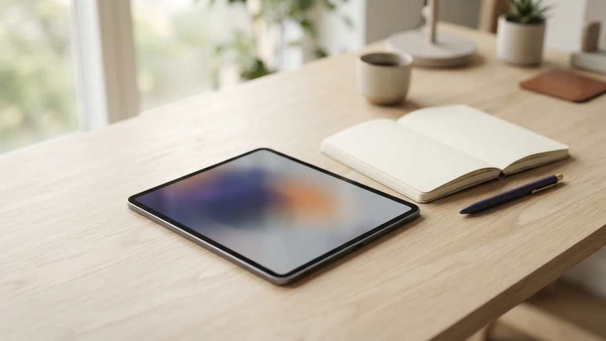 Tablet and blank notebook in a bright workspace for online brand planning