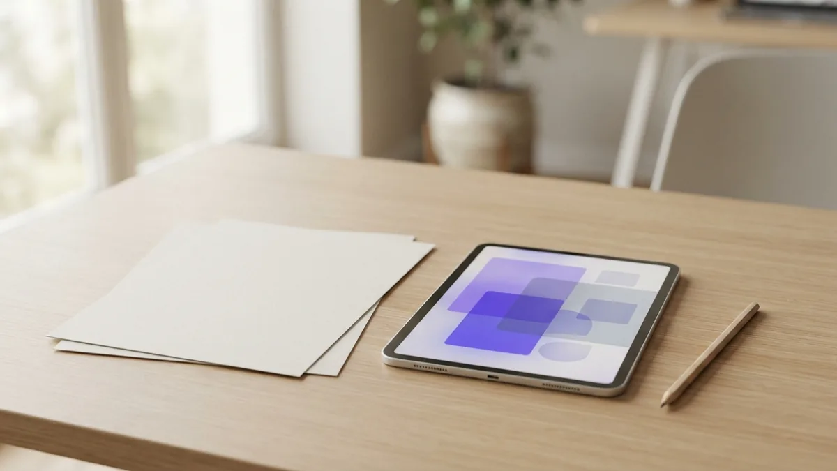Blank planning materials and tablet arranged for mapping an app development process