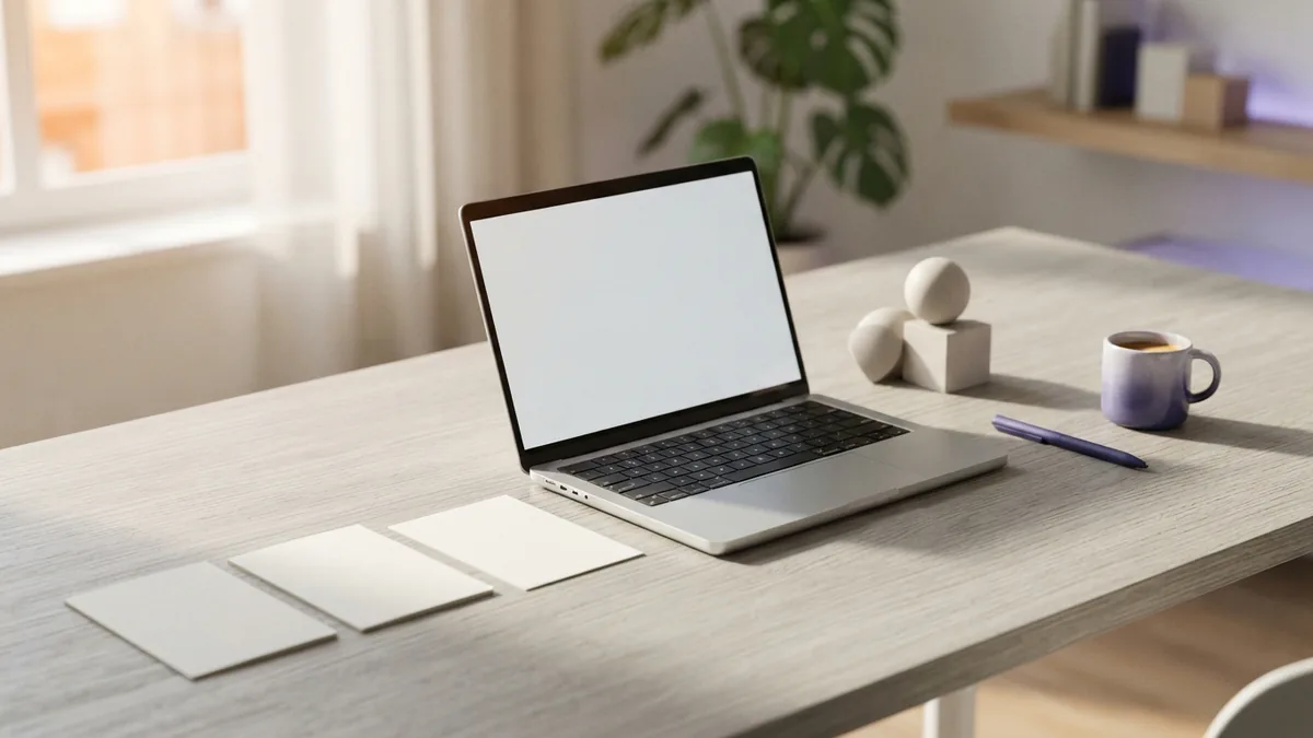 App development workflow planning Minimal workspace showing a simple app development workflow with blank cards and devices