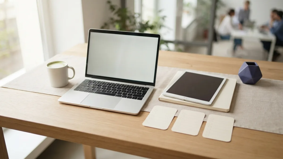 Bright workspace with blank devices and planning cards for app testing and quality work