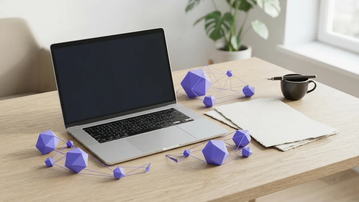 Abstract view of backlink trust Minimal desk scene showing abstract web connections and backlink trust