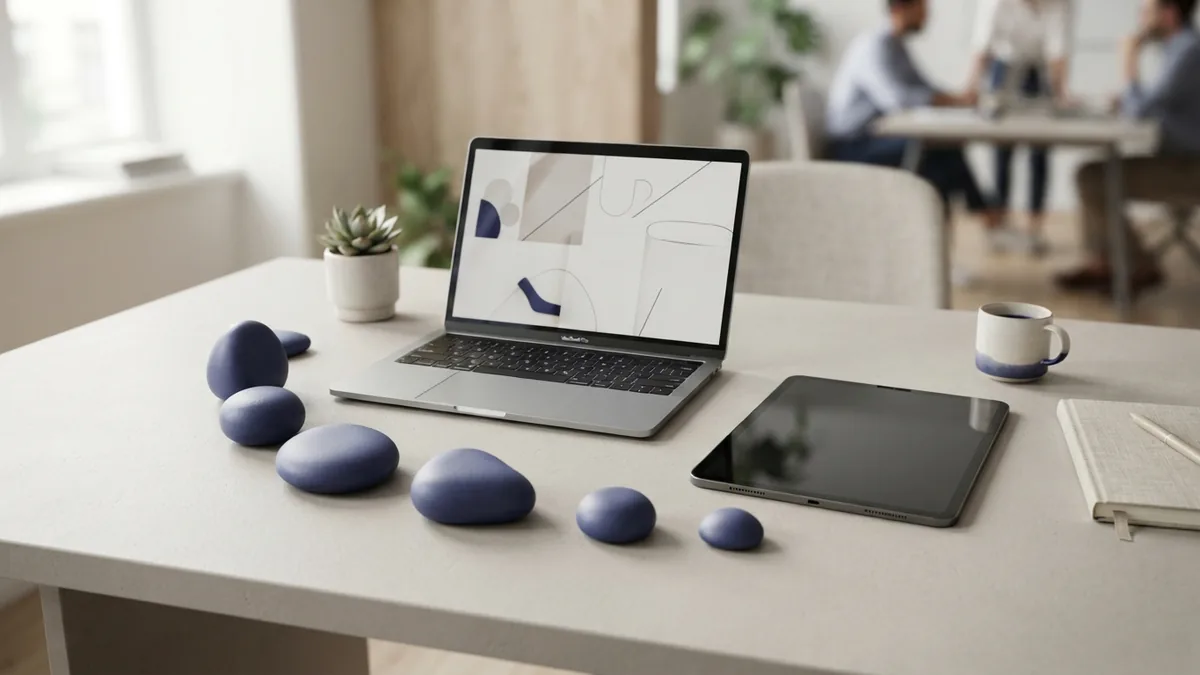 Search relevance with soft indigo accents Laptop and indigo shapes representing search relevance and anchor text