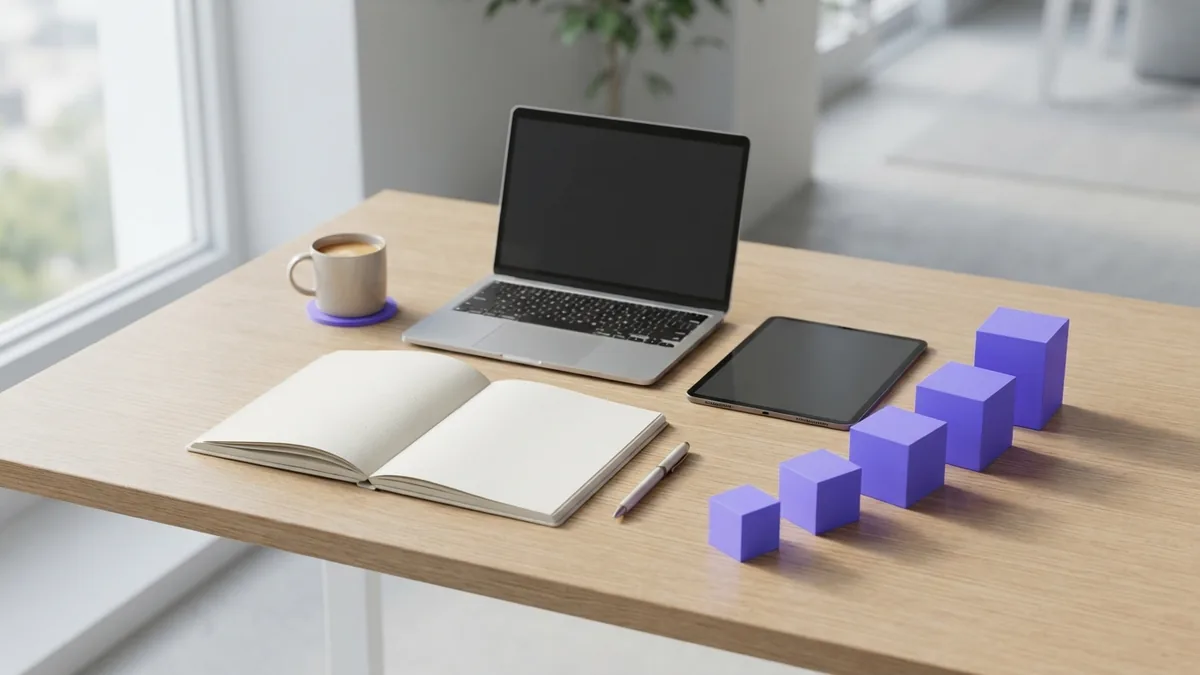 Editorial workspace with violet blocks showing a stepwise link building plan