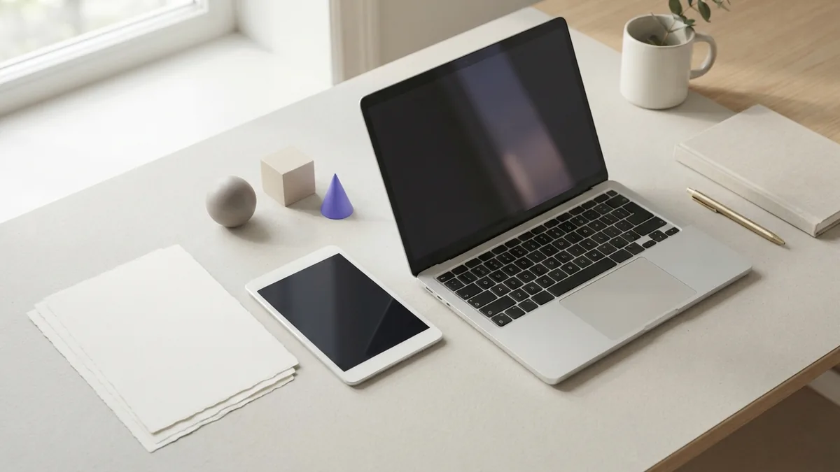 Minimal desk objects representing on-page, off-page, and technical SEO