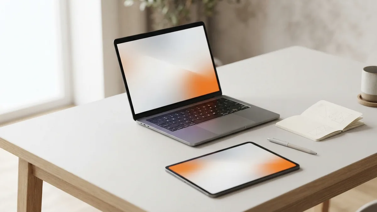 Minimal desk setup with laptop and tablet for reviewing a website backlink profile
