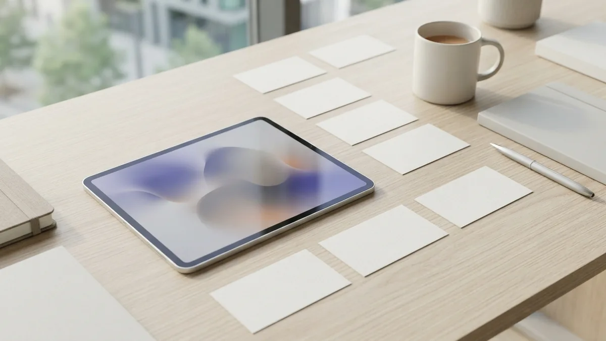 Abstract blank cards arranged as a user journey on a pale desk