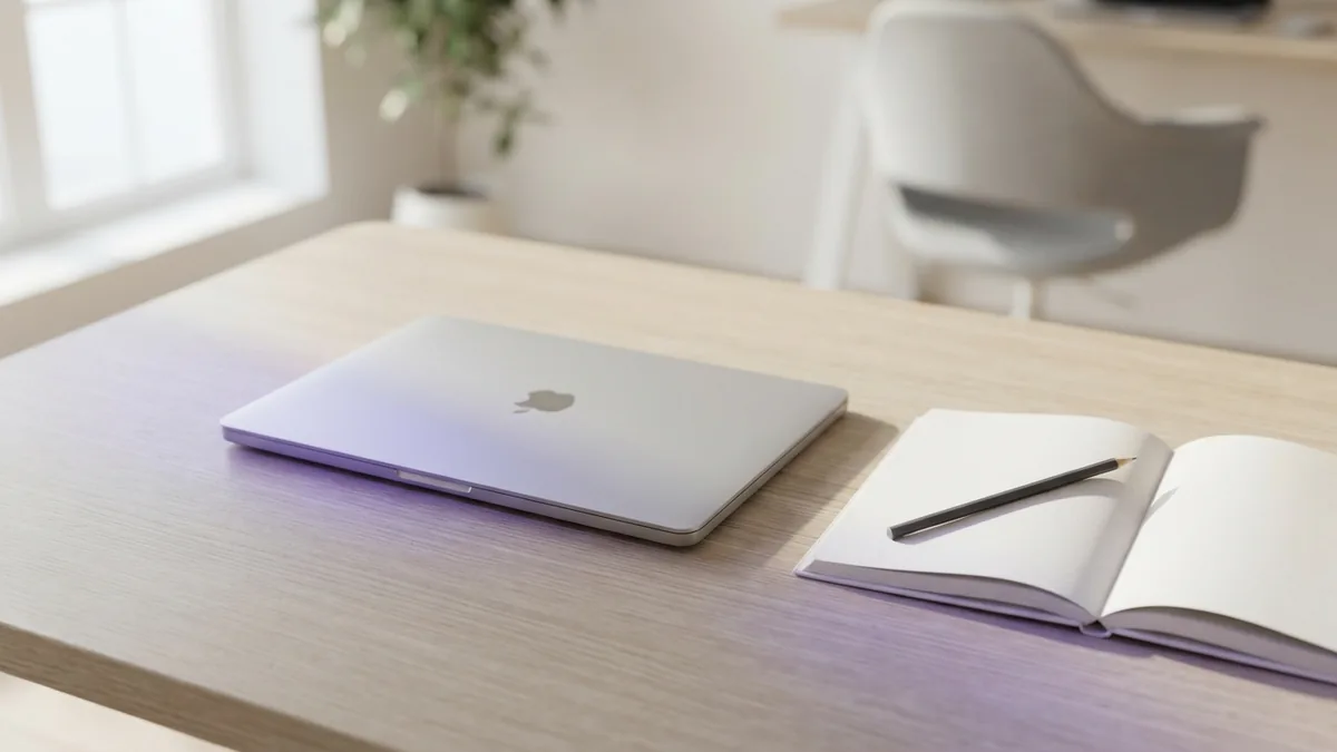 A workspace for portfolio practice Laptop and blank notebook on a desk for building a design portfolio