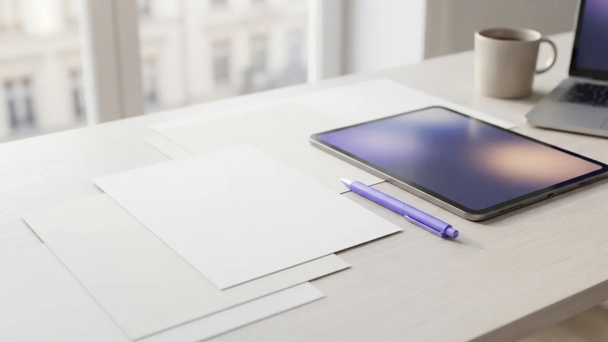 Blank paper and a tablet arranged on a light desk to suggest search topic planning