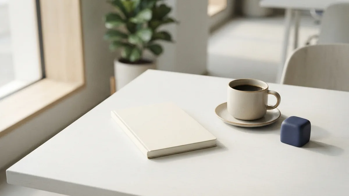 A focused view of content planning Notebook and coffee on an airy desk, representing focused SEO content planning