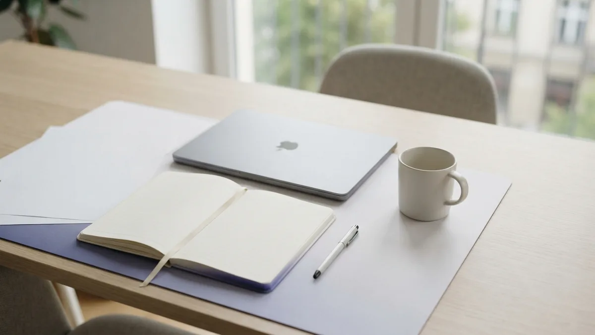 A simple setup for keyword research Bright desk setup with blank notes for researching and choosing SEO keywords