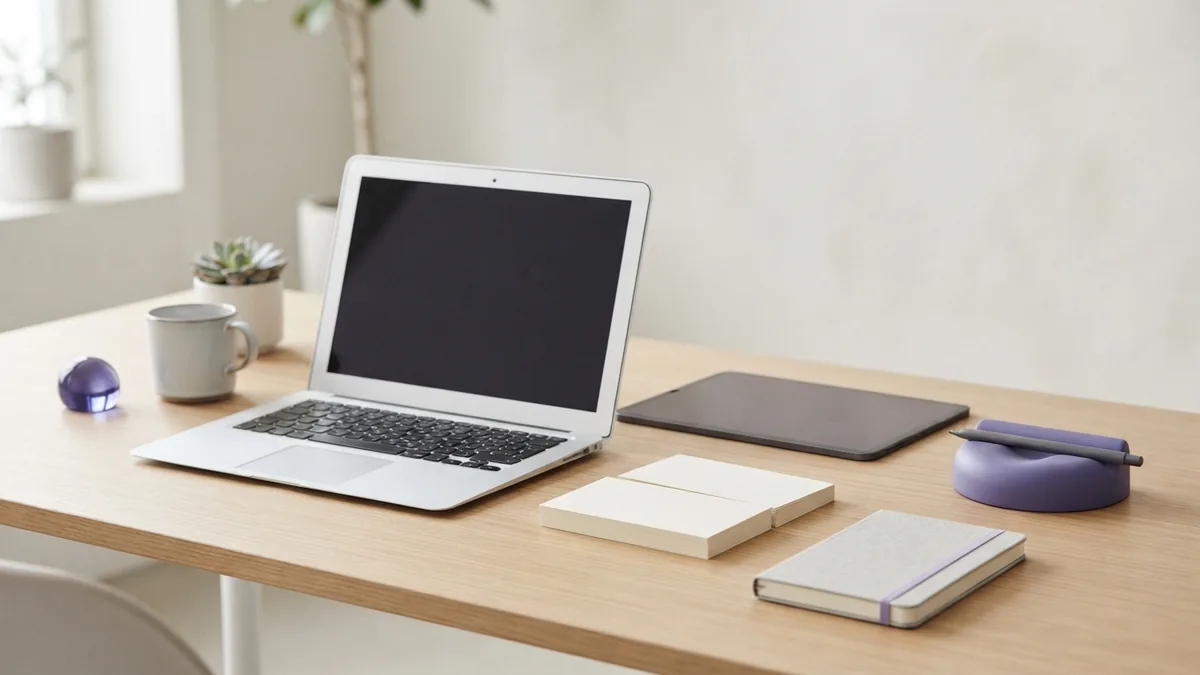 Bright coding workspace with blank study materials and a subtle violet desk accent