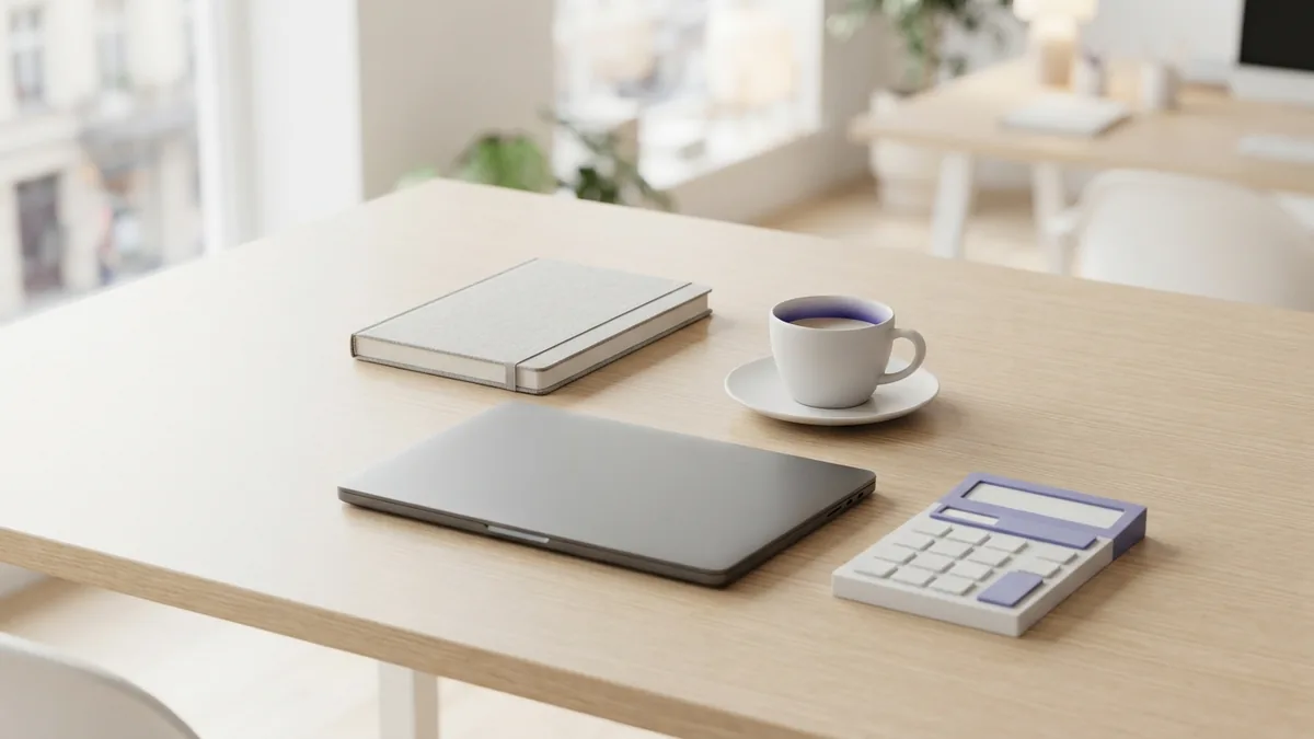 A clean desk for planning developer work Minimal office desk with laptop, notebook, coffee, and soft violet reflections