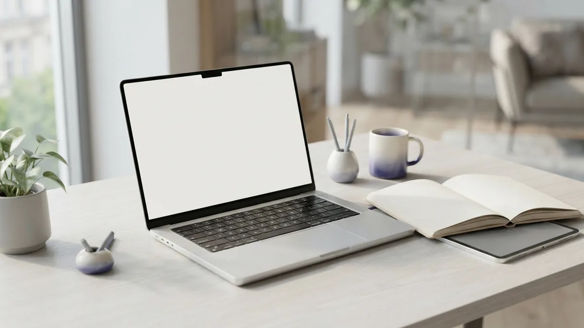 A focused path into full stack development Airy learning workspace with laptop, tablet, notebook, and restrained indigo accent