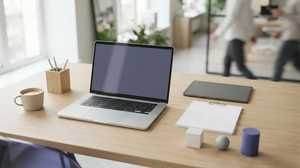 Modern technology workspace with laptop, tablet, blank papers, and violet accent