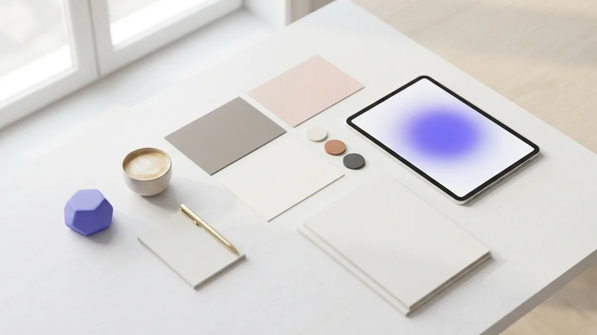 Abstract graphic design tools with geometric shapes, color samples, tablet, and blank paper