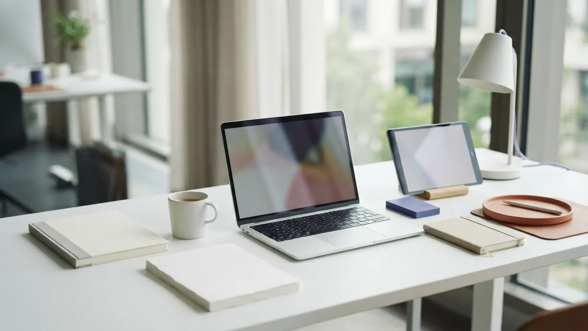 Graphic design workspace with blank reports, screens, color blocks, and soft violet accents