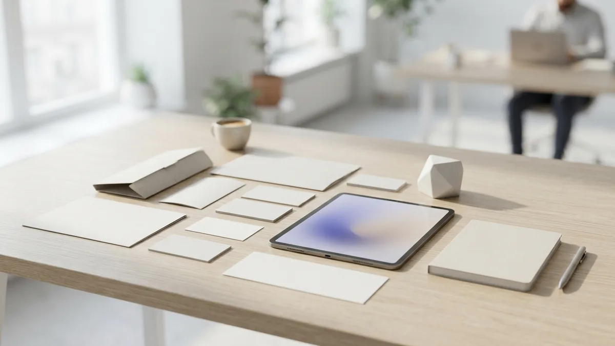 Graphic design tools and packaging forms arranged in a bright modern studio