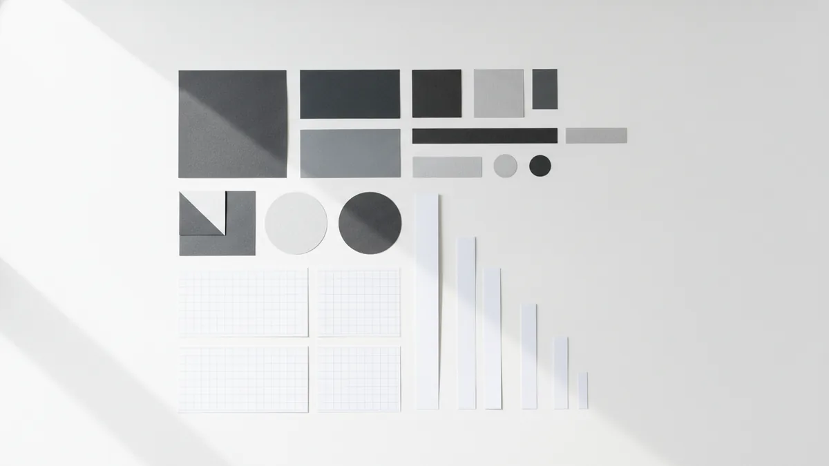 Color swatches, type samples, and geometric shapes arranged in a balanced design study