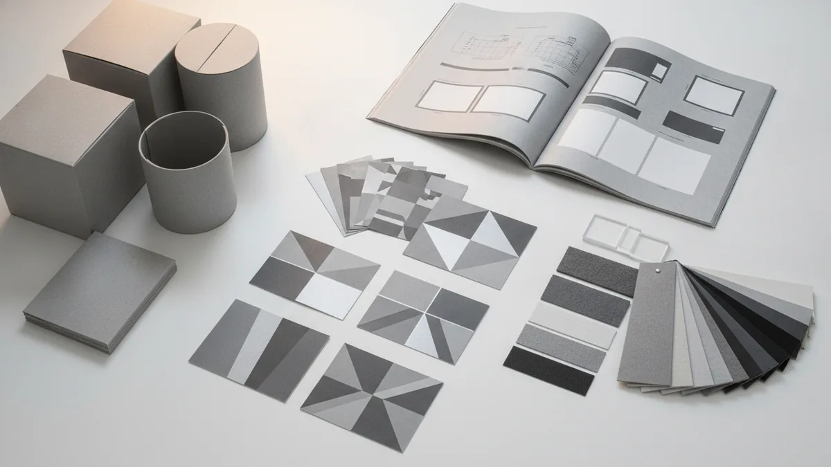 Examples of branding, packaging, and publication design Branding materials with package forms, campaign cards, and editorial layouts on a studio table