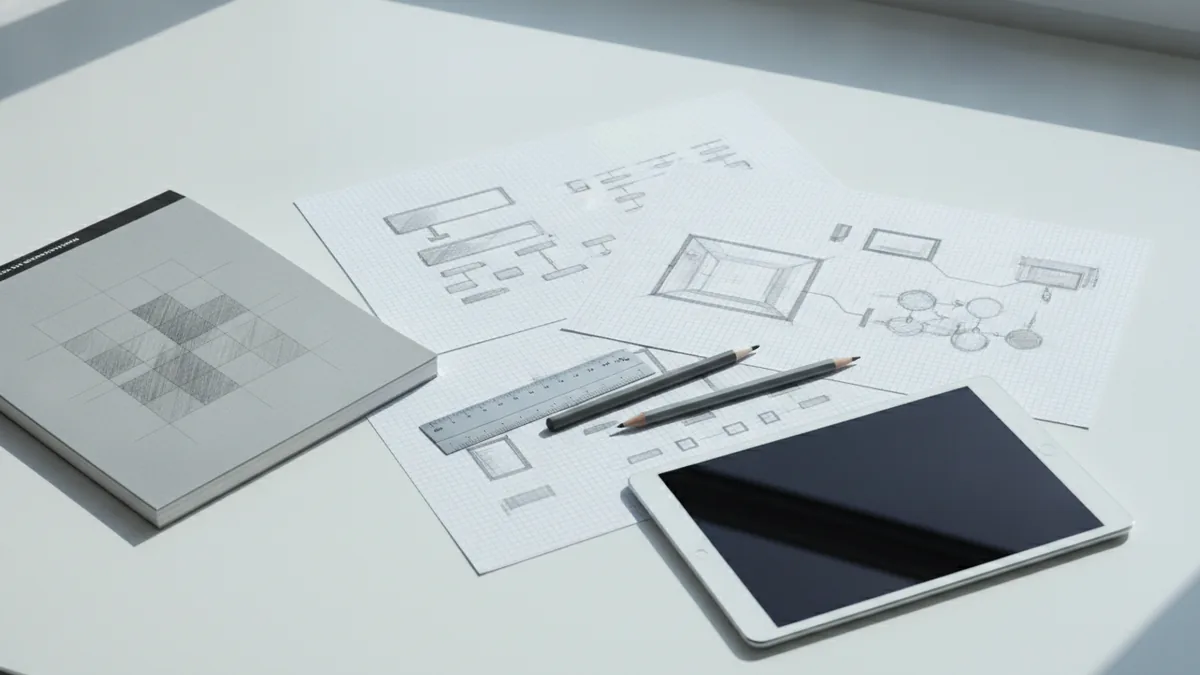Tools for building graphic design skills Sketchbook, grid paper, ruler, and tablet showing a focused graphic design practice setup