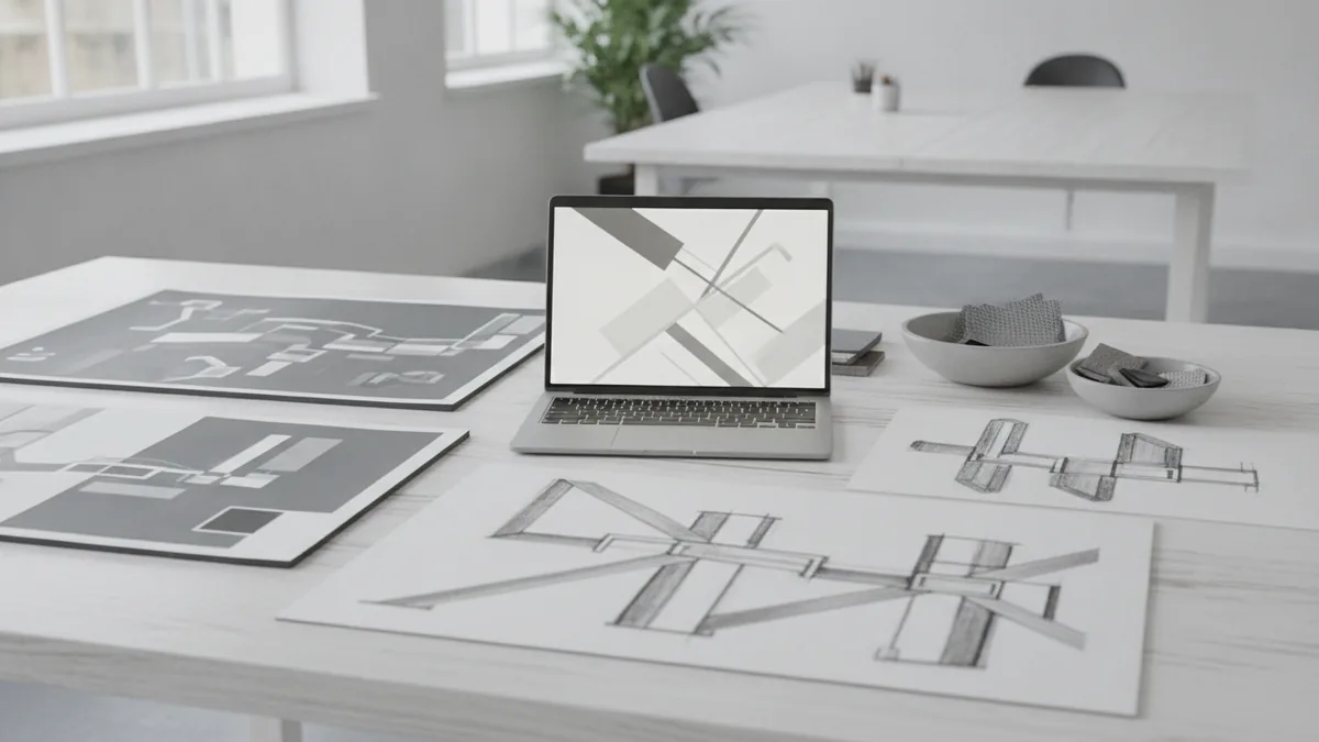 Portfolio project boards, sketches, color samples, and laptop arranged for a design review