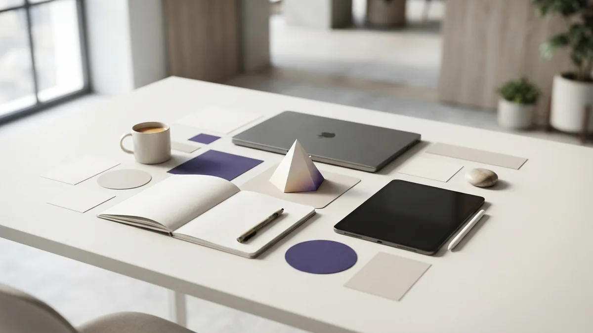 SEO strategy workspace with blank planning materials and a subtle violet accent