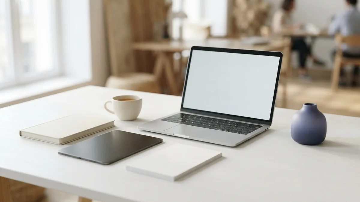 Bright content planning desk with blank notebook, laptop, tablet, and coffee