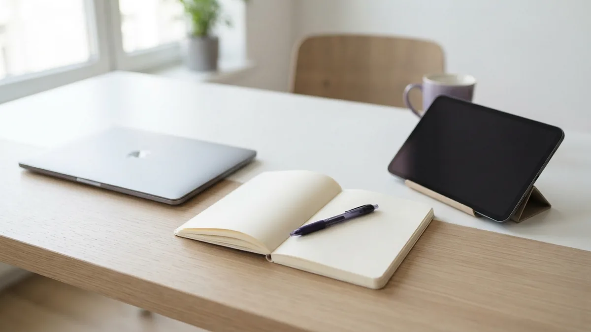 Building practical marketing skills Minimal study desk with laptop and notebook for learning marketing skills