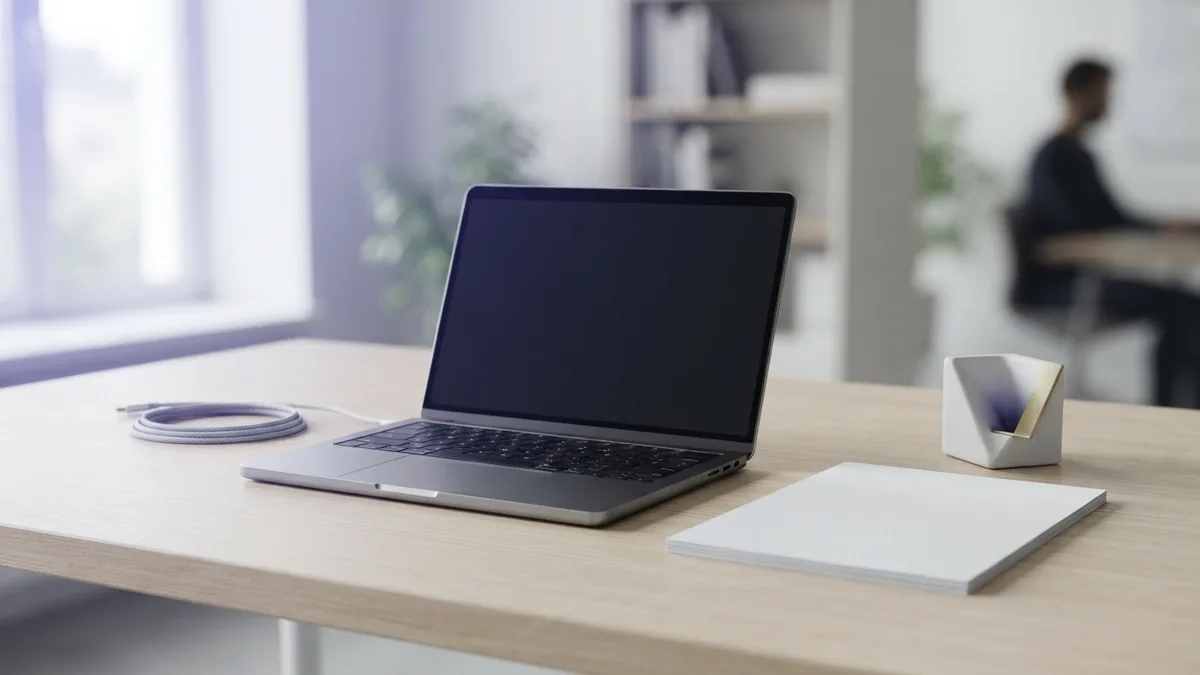 Choosing a business domain Minimal desk setup for planning a clear business domain name and online brand