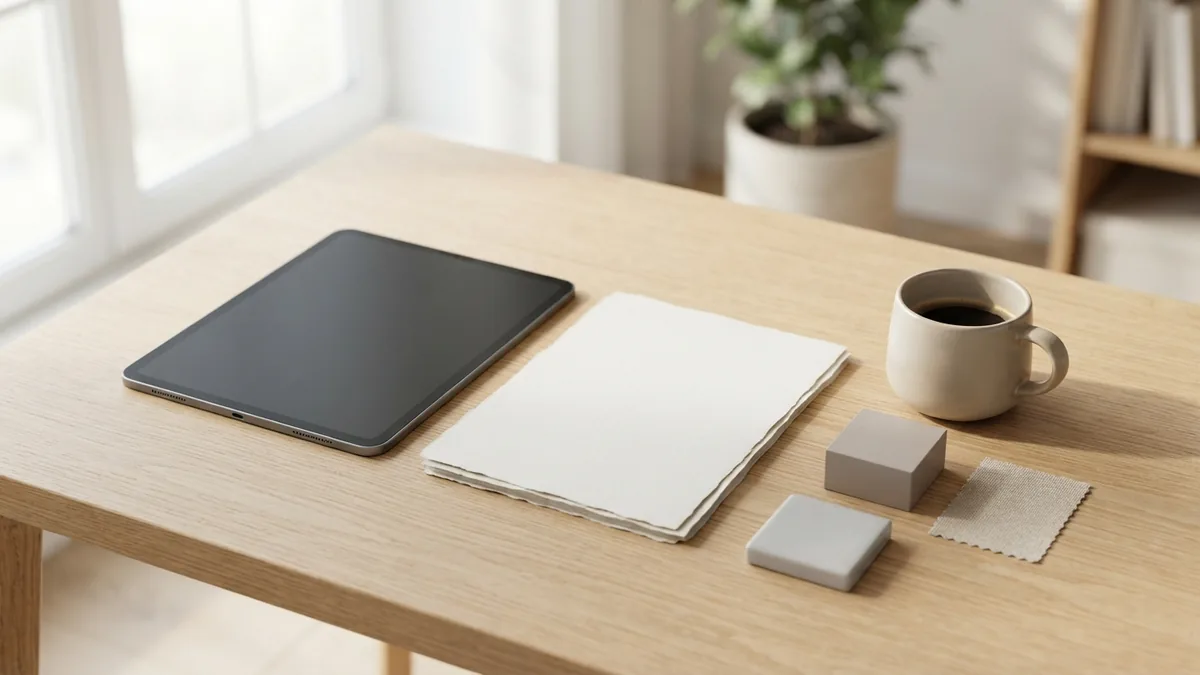 Light workspace with product samples and blank planning sheets for ecommerce niche research
