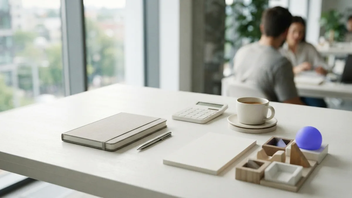 Minimal business planning desk with notebook, calculator, coffee, and soft violet detail
