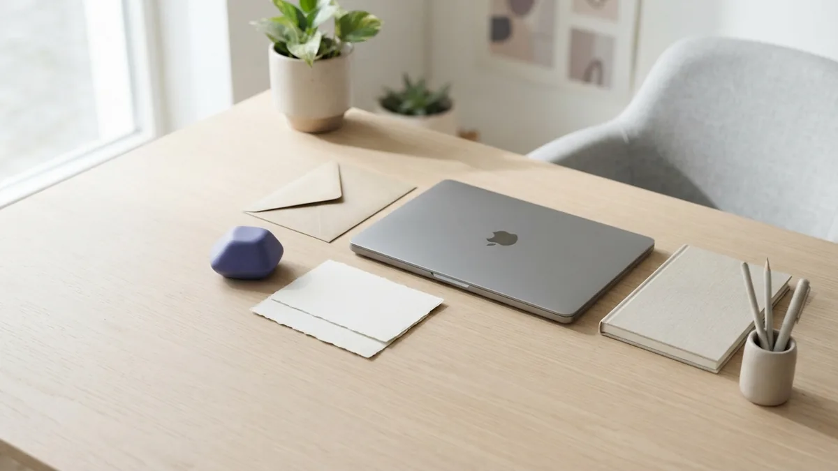 Building a clear ecommerce brand Minimal brand planning workspace with blank cards, laptop, and violet design accent