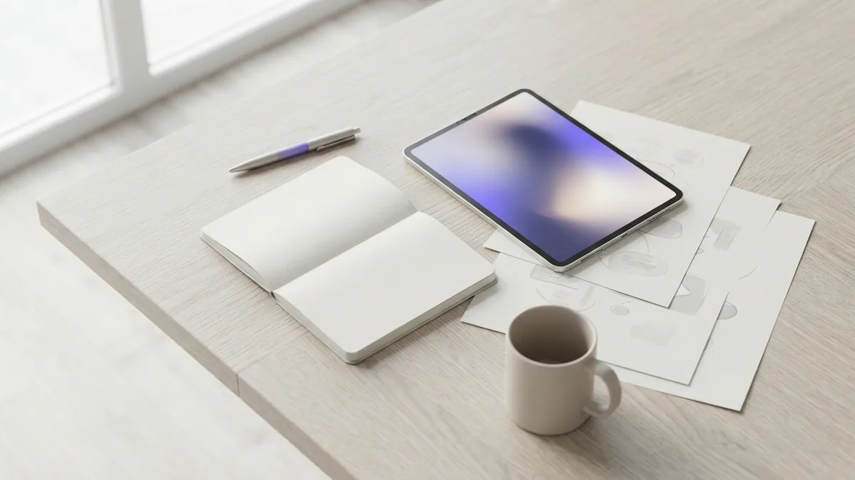 Tablet and blank notebook arranged for researching search topics and visitor needs