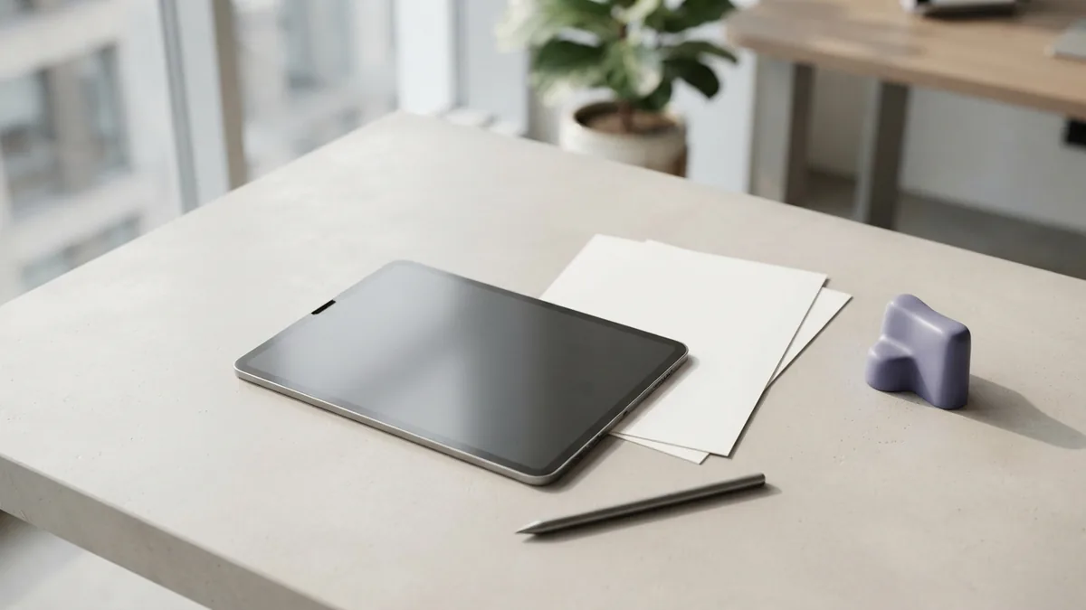 Planning clear website pages Blank tablet and paper on a bright desk, suggesting clear page planning and site structure