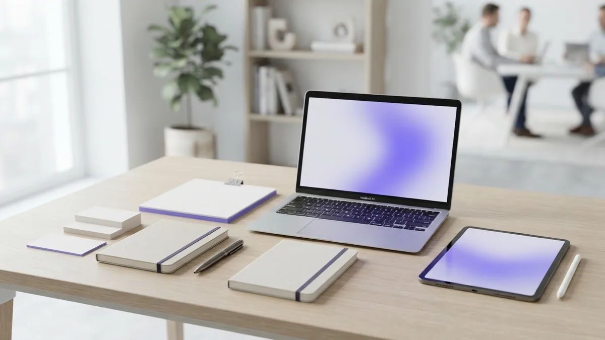 Bright workspace with laptop and blank notebook for building an online presence