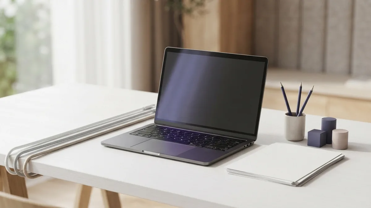Modern desk with connected devices and abstract blocks showing system design challenges