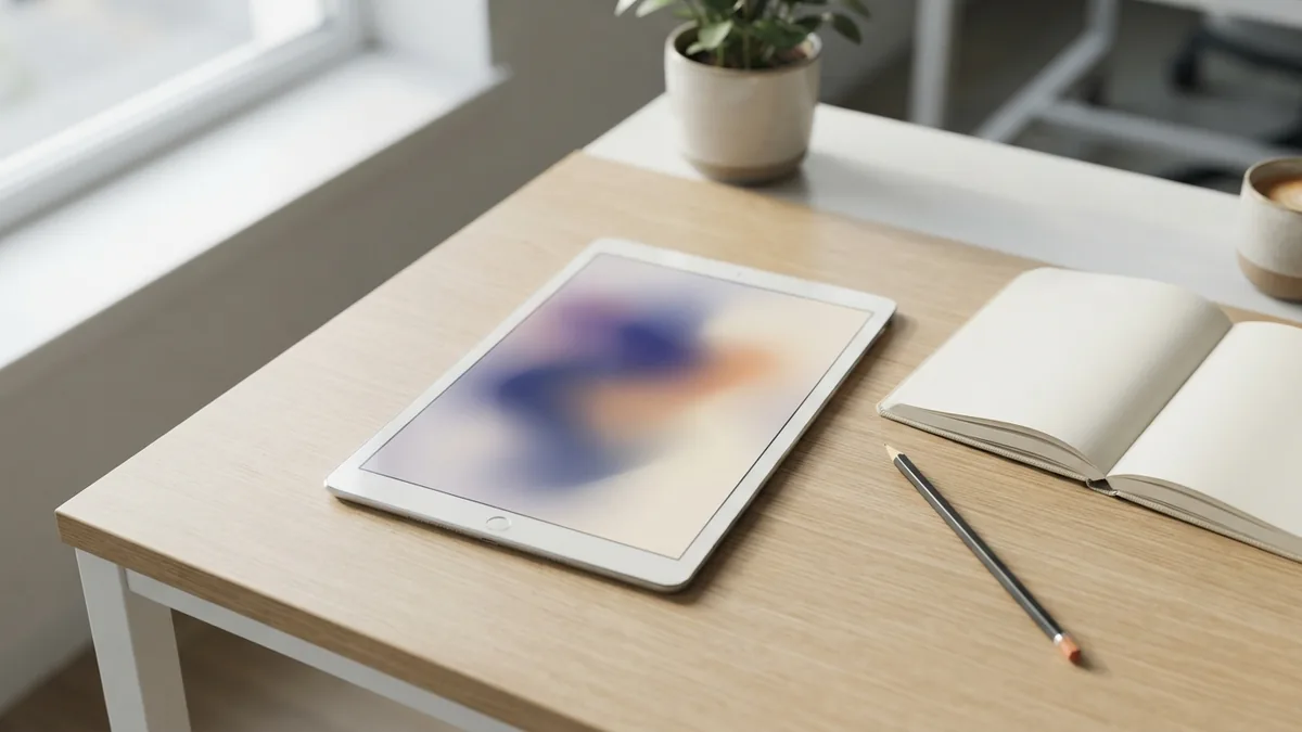Tablet with abstract colors beside a blank notebook on a light design workspace