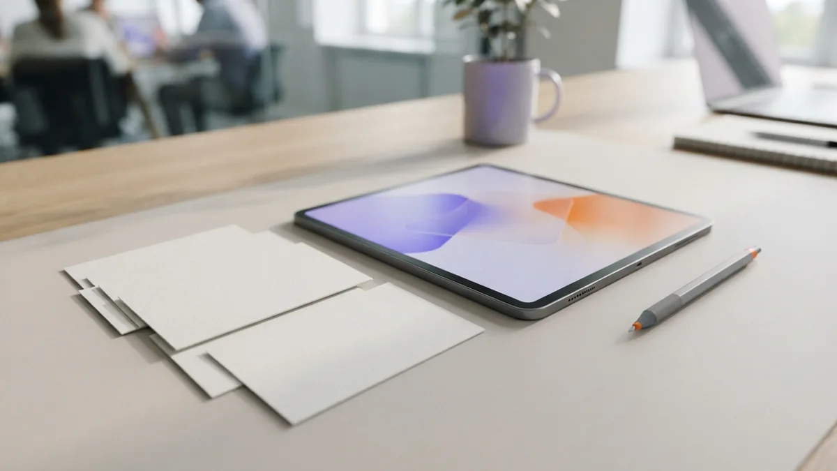 Blank planning cards and tablet arranged to suggest a user experience design process