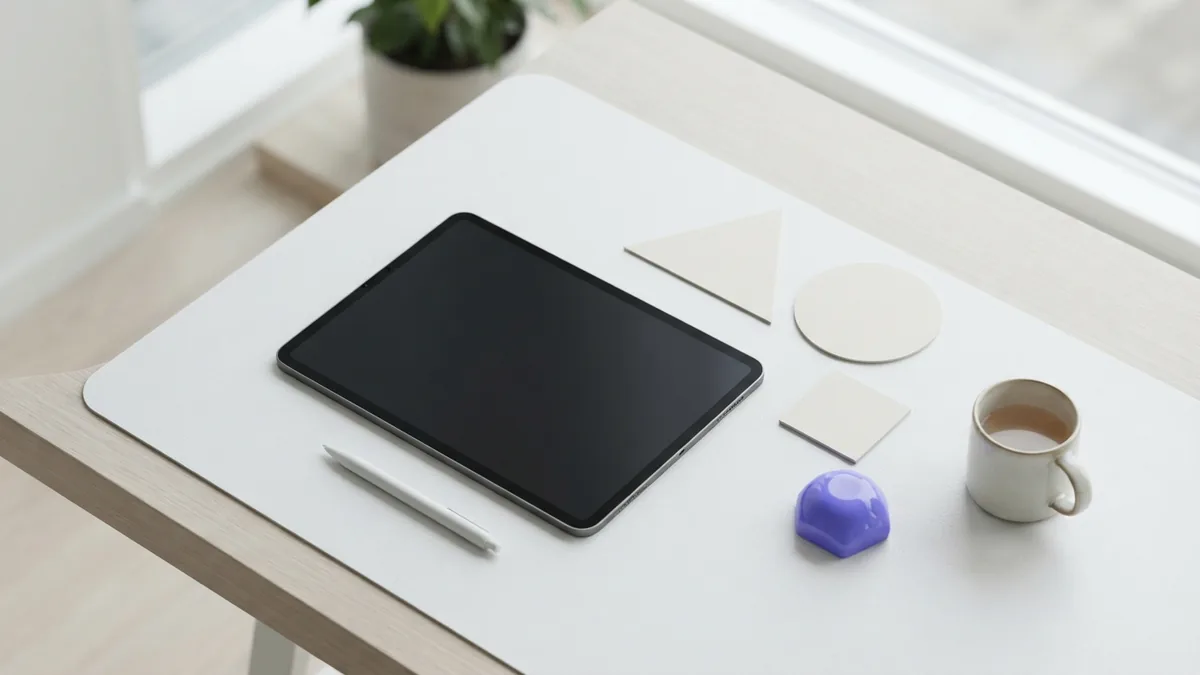 Interface and experience design together Tablet and geometric objects arranged to show how interface and experience design connect