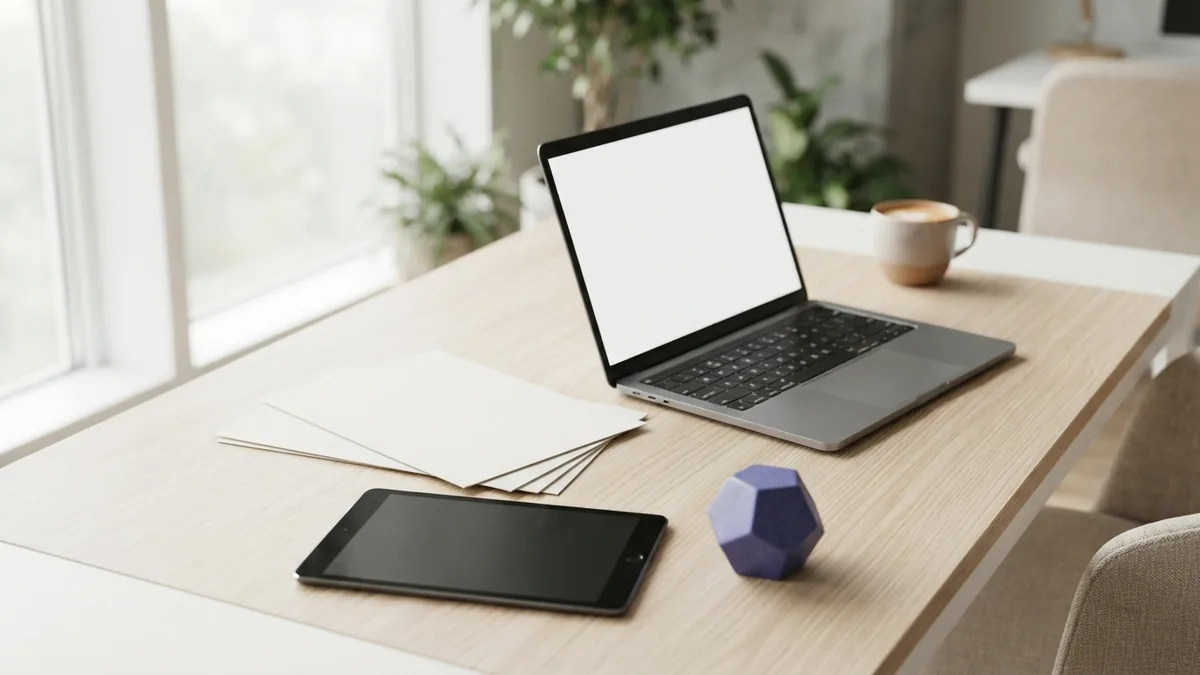 Content research and audience insight Minimal desk with digital devices and violet accent for content marketing research
