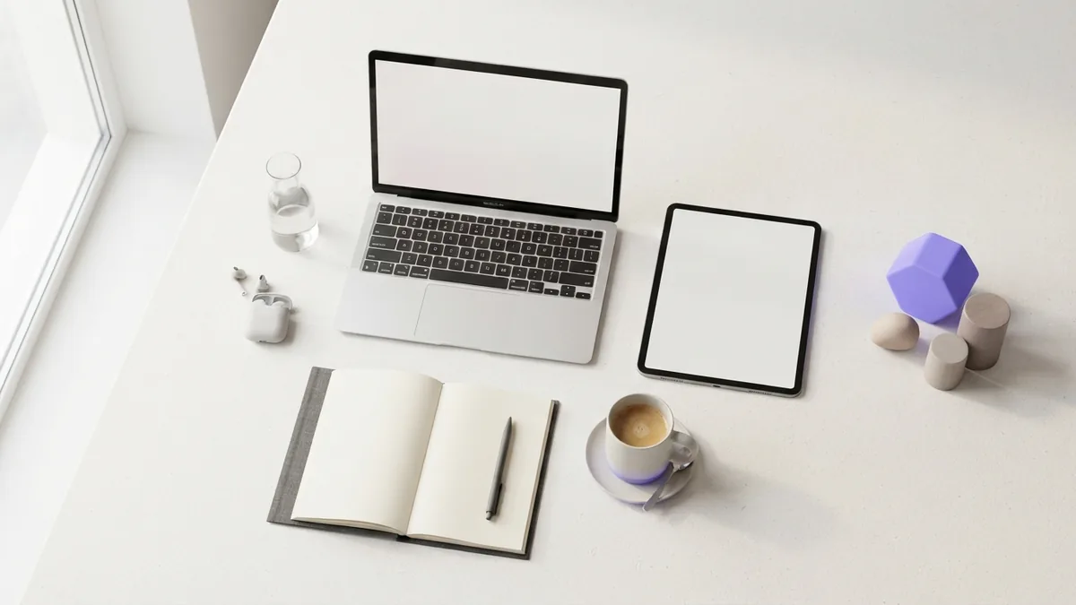 Bright flat lay of devices and desk objects representing content formats and channels