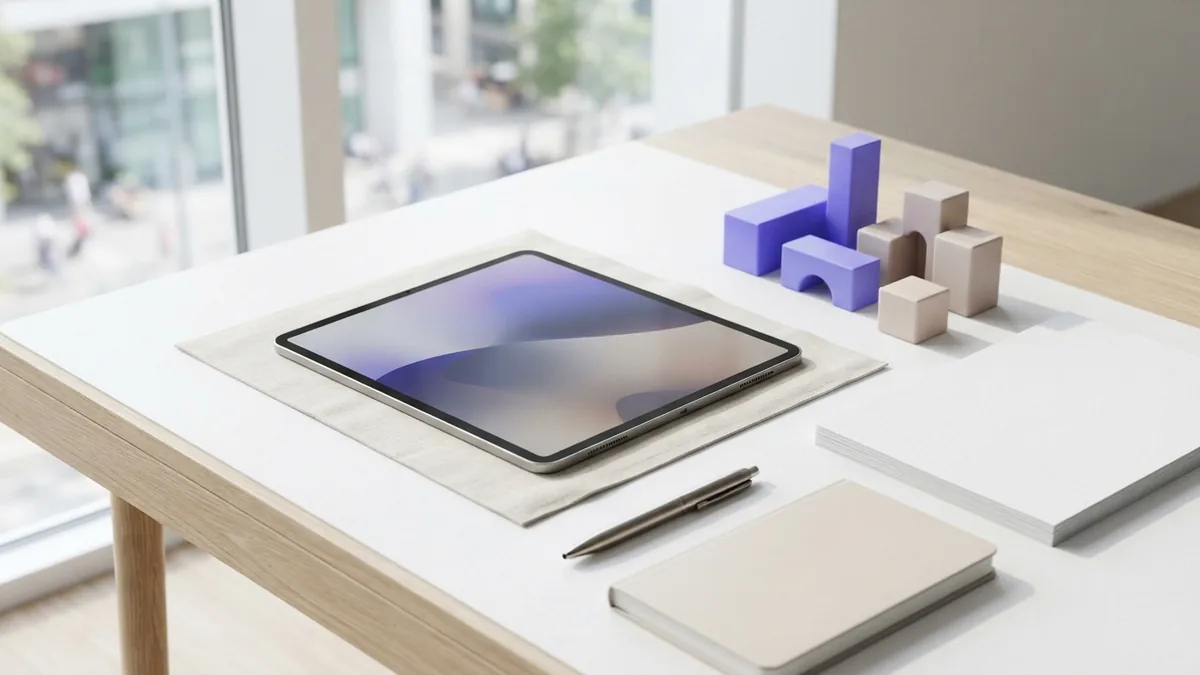 Abstract backlink signal concept Minimal desk scene with abstract connected shapes representing backlink signals and domain authority scoring