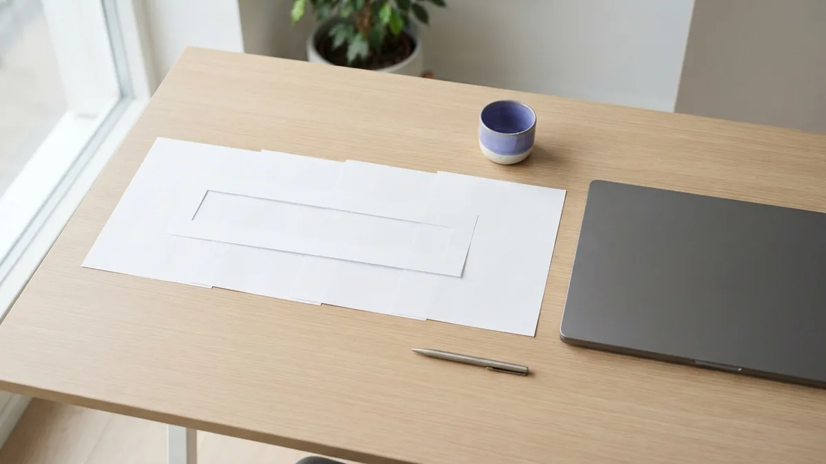 Blank paper sheets arranged like connected links beside a laptop on a bright desk