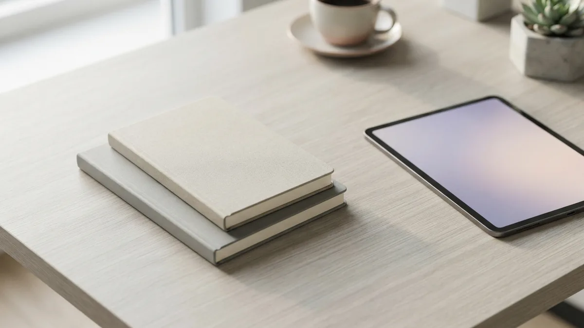 Compare similar sites with care Two blank notebooks and a tablet arranged for a calm comparison of rival websites