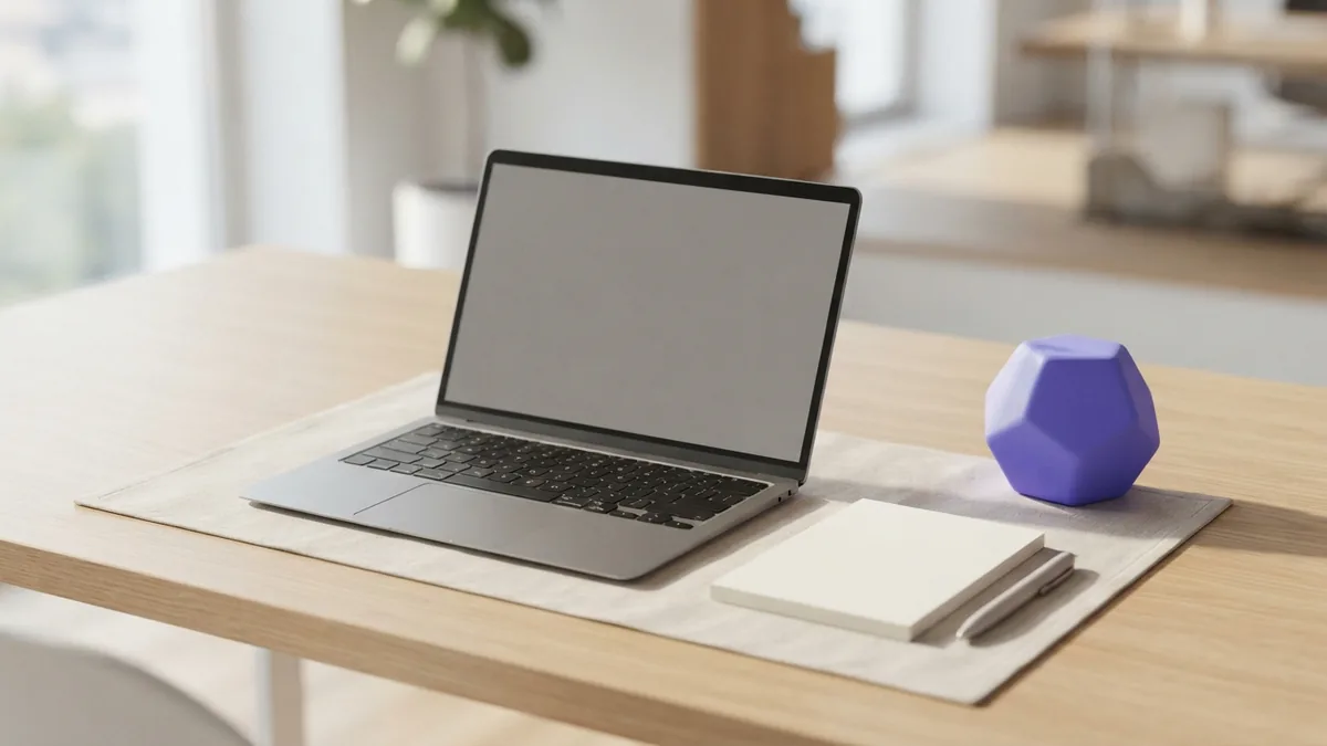 Bright workspace with a closed laptop and blank notepad for checking website metrics