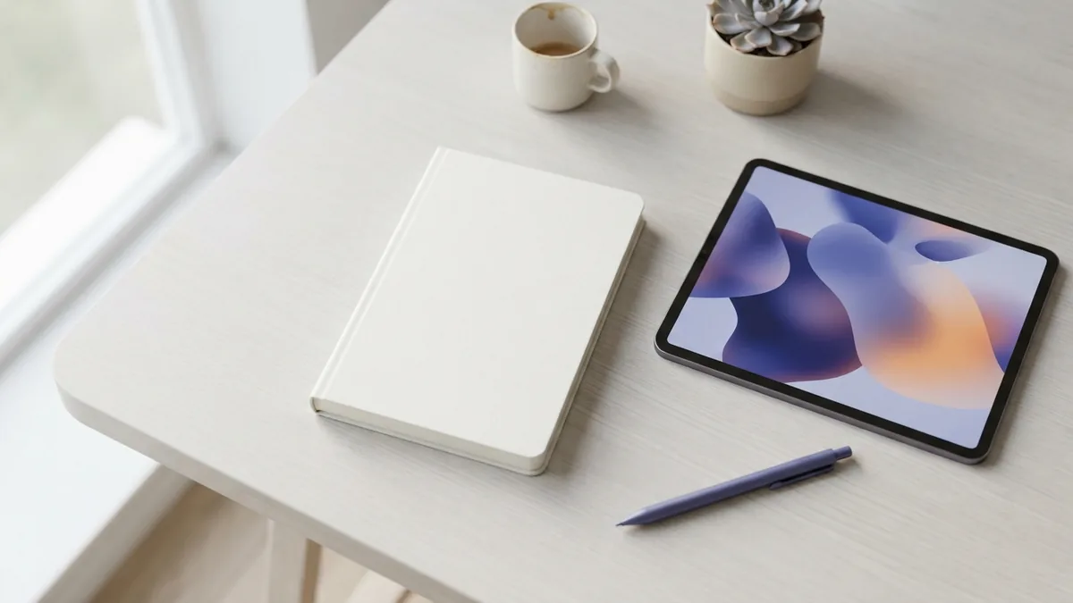 Blank notebook and tablet on a pale desk, representing the review of SEO progress metrics