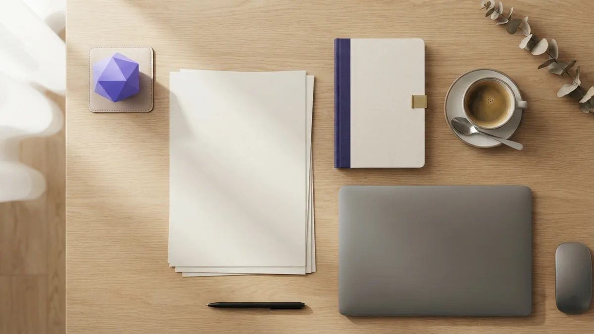 Visual balance in a simple design workspace Blank paper and a violet accent on a bright desk, suggesting layout and visual design choices